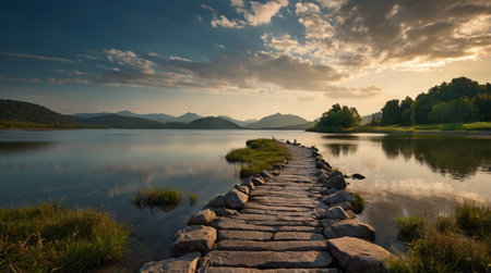 Landscape view of a lake at sunset with a wooden walkway