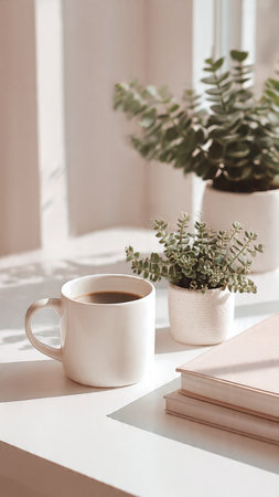 Coffee cup with book and eucalyptus plant on windowsillの写真素材