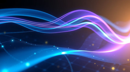 3d render, abstract technology background, glowing lines, blue waves