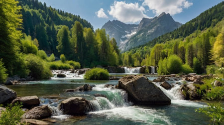 Panoramic view of the mountain river in the Alps. Switzerland