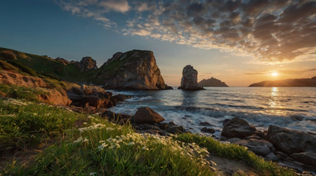 Sunset over the sea in Asturias, Spain. Long exposure