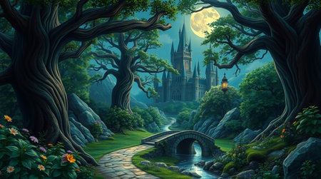 Fantasy landscape with castle in the forest. 3D illustration.の写真素材