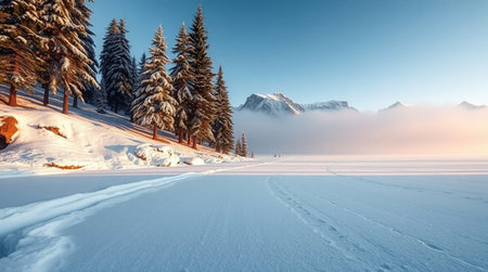 Fantastic winter landscape with frozen lake in the mountains. Dramatic wintry scene.の写真素材