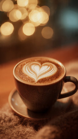 Cup of coffee latte art on wooden table with bokeh backgroundの写真素材