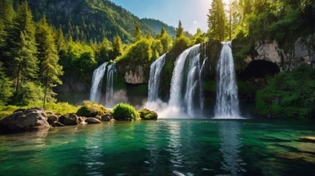 Waterfall in the forest. Waterfall in the mountains. Beautiful landscape.の写真素材