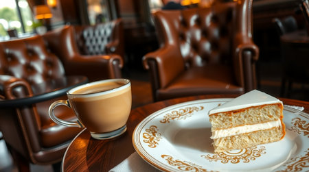 Coffee cup and cake on wooden table in coffee shop.の写真素材