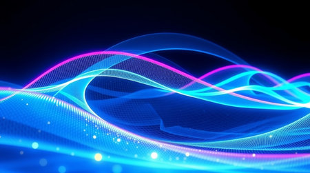 3d render, abstract background with blue and purple glowing lines, 3d illustration