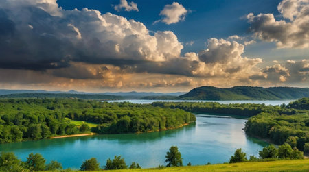 Panoramic view of the Danube river in Romania, Europeの写真素材