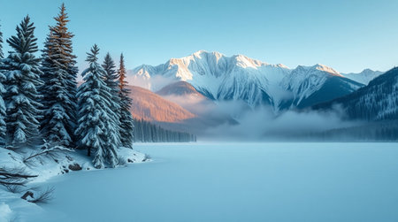 Beautiful winter landscape with snowy mountains and lake. Panorama.の写真素材