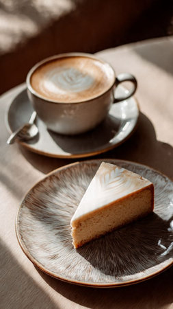 Coffee cup and slice of cheesecake on wooden table.の写真素材