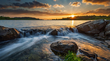 Waterfall on the river at sunset. Beautiful summer landscape. Long exposure.の写真素材