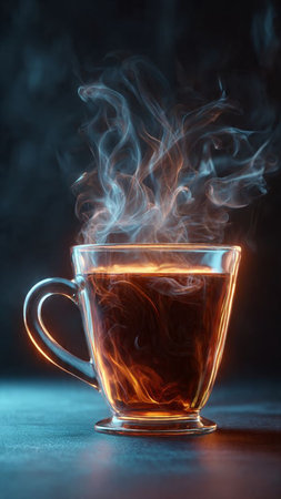 Cup of tea with steam on dark background. Copy space.の写真素材