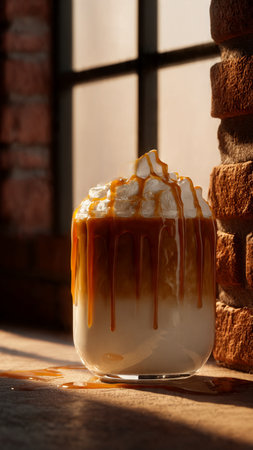 Hot cappuccino drink with whipped cream and caramel in a glassの写真素材