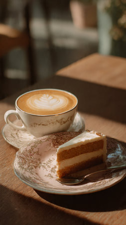 A cup of cappuccino and cake on a wooden tableの写真素材