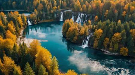 Aerial view of colorful autumn forest and waterfalls in Plitvice Lakes National Park, Croatia