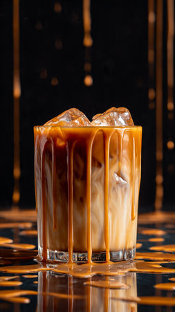 Iced coffee with caramel in a glass on a black background.の写真素材