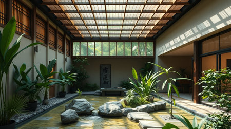 3D rendering of the japanese style living room and garden