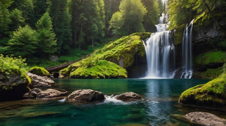 Beautiful waterfall in the mountains. Summer landscape with a waterfall.の写真素材
