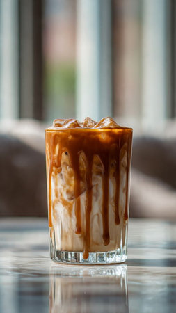 Iced caramel coffee in glass on the table, stock image.の写真素材