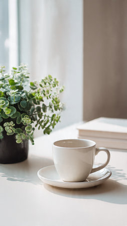 Coffee cup on white table with green plant in vaseの写真素材