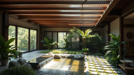 Luxury villa interior design with garden view. 3D renderingの写真素材