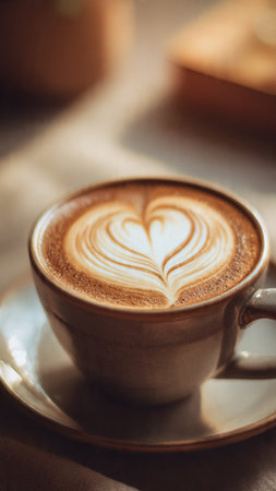 Cup of cappuccino with heart shape latte artの写真素材