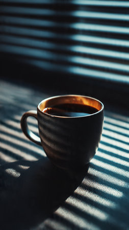 Cup of coffee in the morning light with shadow from window.