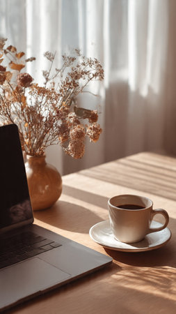 Coffee cup and laptop on wooden table near window in morningの写真素材
