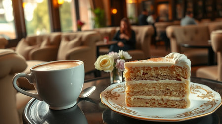 Coffee cup and cake on table in coffee shop, stock photoの写真素材