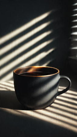 Cup of coffee with shadow from the blinds on the wallの写真素材