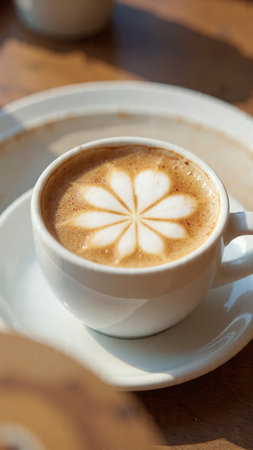 Coffee cup with latte art on wooden table, stock photoの写真素材