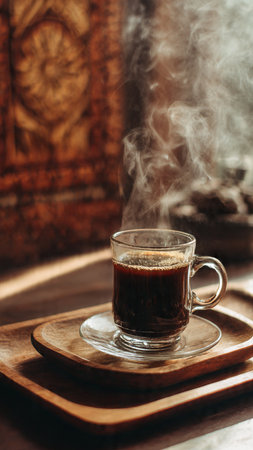 Coffee in a glass cup with steam on a wooden trayの写真素材