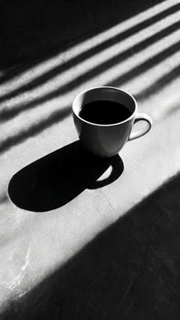Cup of coffee with shadow on the wall. Black and white.の写真素材