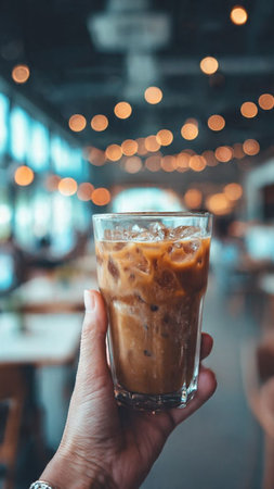 Iced coffee with milk in glass on hand, Coffee shop blur background