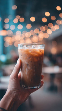 Iced coffee in a glass on a background of bokehの写真素材