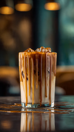 Iced caramel macchiato coffee in a glass on the tableの写真素材