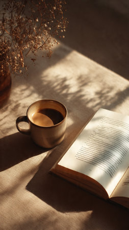Cup of coffee and book on table in sunlight. Morning conceptの写真素材
