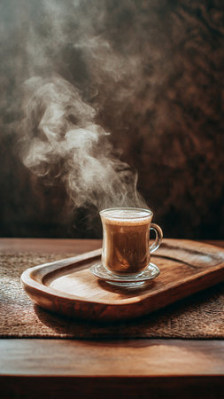Coffee cup with steam on wooden table. Vintage style.の写真素材