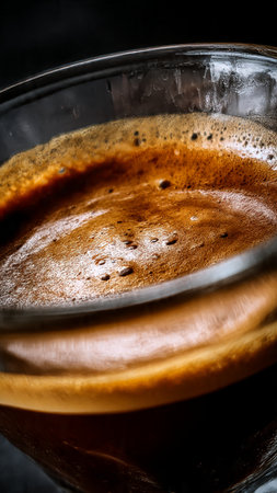 Coffee in a glass cup on a black background. Macroの写真素材