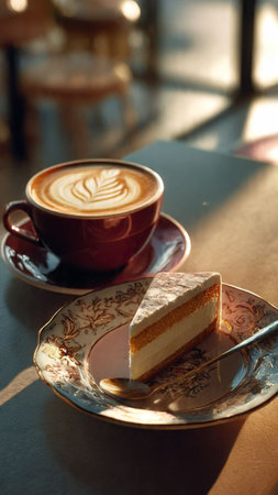 Coffee cup and cake on table in coffee shop, stock photoの写真素材