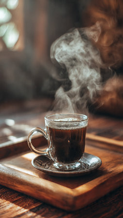 Cup of coffee with steam on wooden tray on window background.の写真素材