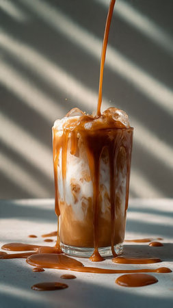 Iced coffee with caramel topping in glass on white table with sunlightの写真素材