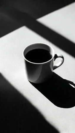 Cup of coffee on the table in sunlight. Black and white photo.の写真素材