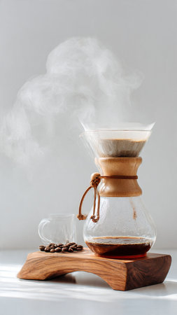 Coffee brewing in a geyser coffee maker on a white background