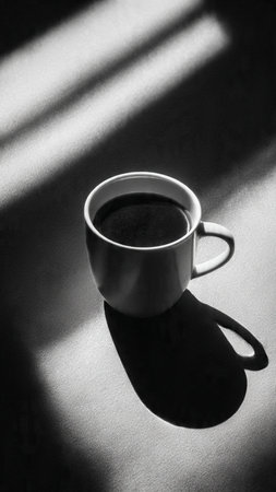 Coffee cup with shadow on the table. Black and white photo.の写真素材