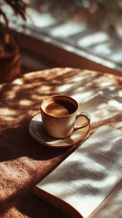 Cup of coffee and book on table in morning sunlight. Good morning conceptの写真素材