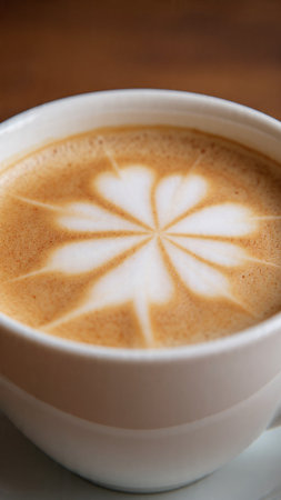 A cup of cappuccino with a pattern on milk foamの写真素材