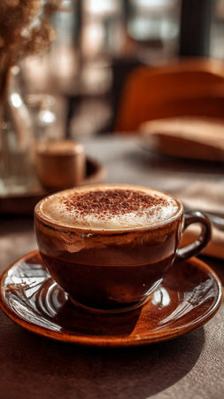 Cappuccino with cocoa powder in a cup on the table