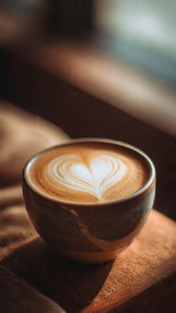 Coffee cup with latte art on wooden table in coffee shopの写真素材