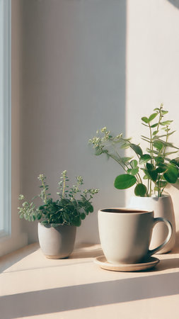 Coffee cup with fresh oregano plant on windowsillの写真素材